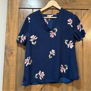Nine Britton Navy Flowered Scalloped Neck Short Sleeve Blouse from Stitch Fix